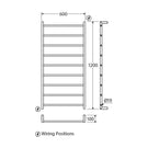 Technical Drawing Fienza Kaya Round Heated Towel Rail 600X1200X100mm 9 Bars Brushed Nickel 82860120BN - The Blue Space