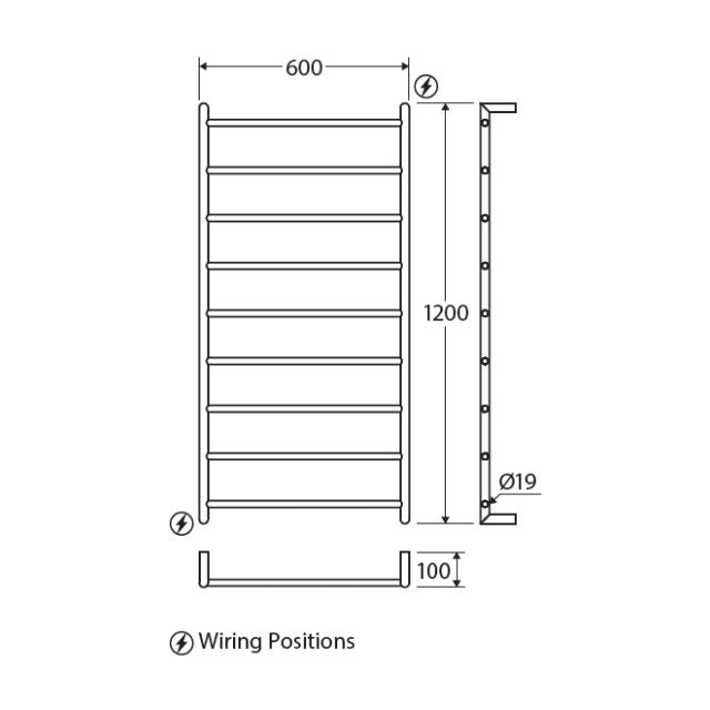 Technical Drawing Fienza Kaya Round Heated Towel Rail 600X1200X100mm 9 Bars Brushed Nickel 82860120BN - The Blue Space