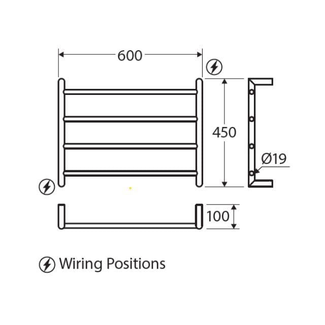 Technical Drawing Fienza Kaya Round Heated Towel Rail 600X450X100mm 4 Bars Chrome 8286045 - The Blue Space