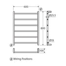 Technical Drawing Fienza Kaya Round Heated Towel Rail 600X800X100mm 6 Bars Brushed Nickel 8286080BN - The Blue Space