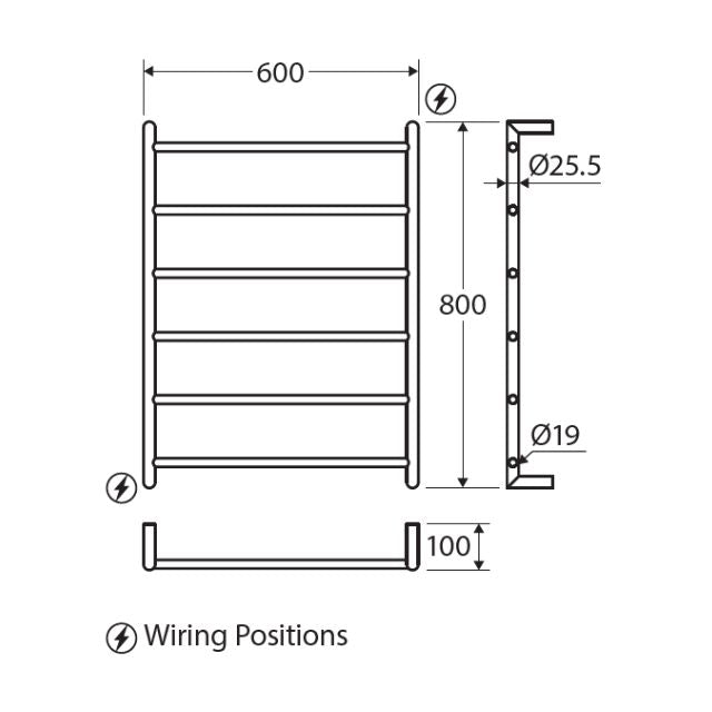 Technical Drawing Fienza Kaya Round Heated Towel Rail 600X800X100mm 6 Bars Brushed Nickel 8286080BN - The Blue Space