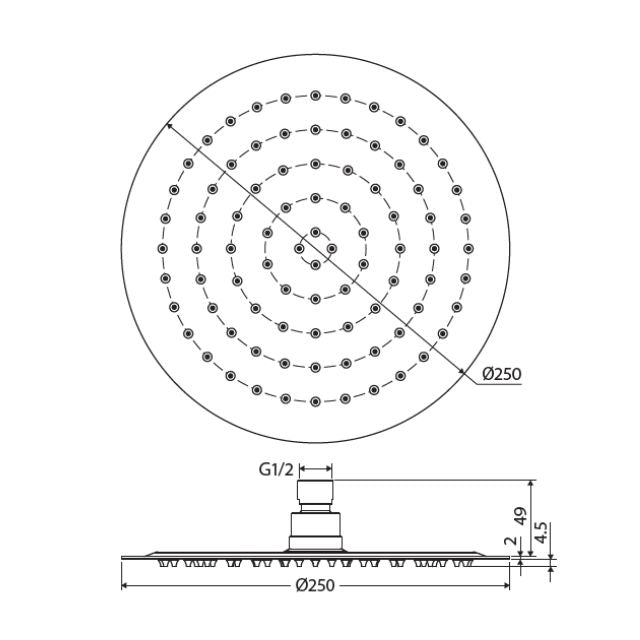 Technical Drawing Fienza Kaya Round Shower Head 250mm Brushed Nickel 411125BN - The Blue Space