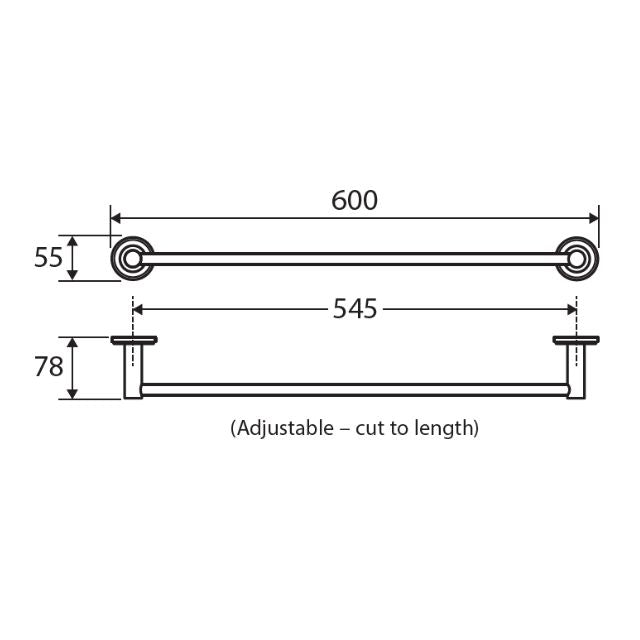 Technical Drawing Fienza Kaya Single Towel Rail 600mm Chrome 8280160 - The Blue Space