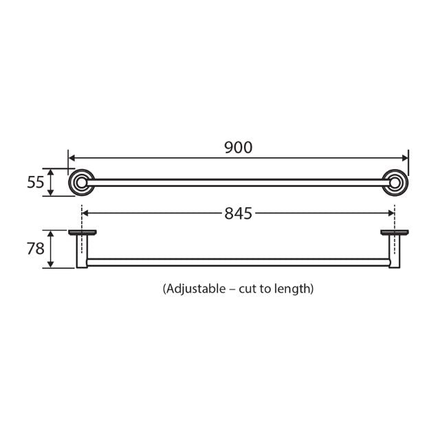 Technical Drawing Fienza Kaya Single Towel Rail 900mm Chrome 82801 - The Blue Space