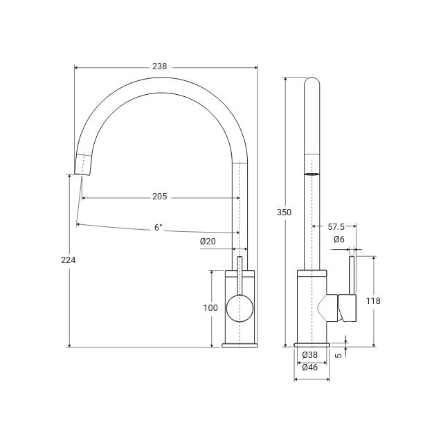 Technical Drawing Fienza Kaya Sink Mixer Gloss Warm White 228105W - The Blue Space