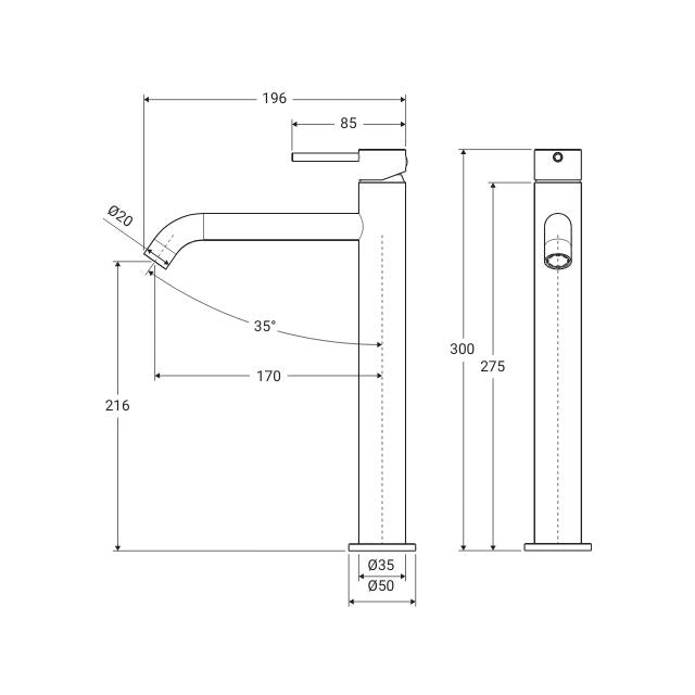 Technical Drawing Fienza Kaya Tall Basin Mixer Brushed Nickel  228107BN - The Blue Space