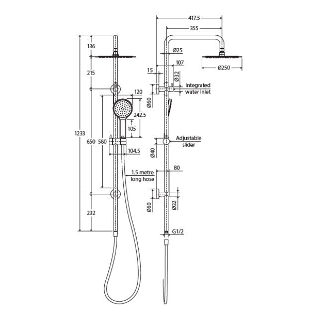 Technical Drawing Fienza Kaya Twin Rail Shower Gun Metal 455109GM - The Blue Space