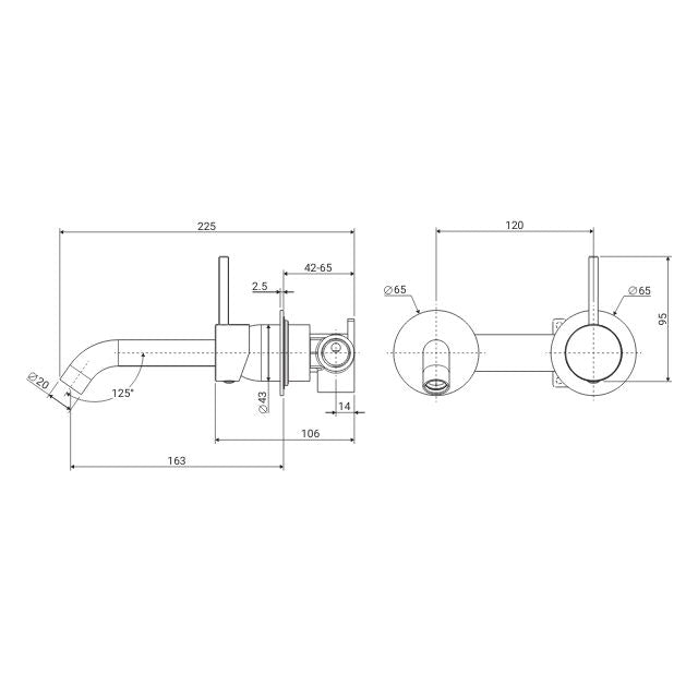 Technical Drawing Fienza Kaya Up Basin/Bath Wall Mixer 160Mm Outlet Set Soft Square Plate Chrome 228119 - The Blue Space