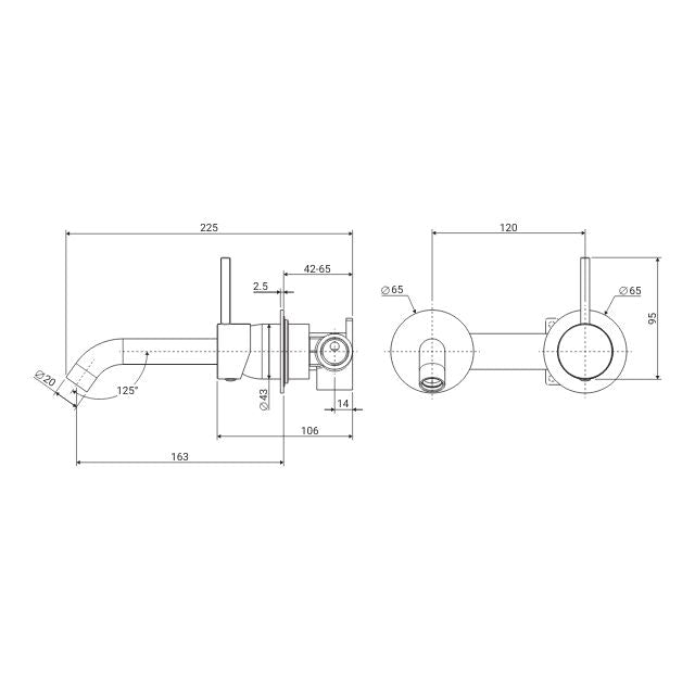 Technical Drawing Fienza Kaya Up Basin/Bath Mixer 160Mm Outlet Set Round Plates Chrome 228118 - The Blue Space