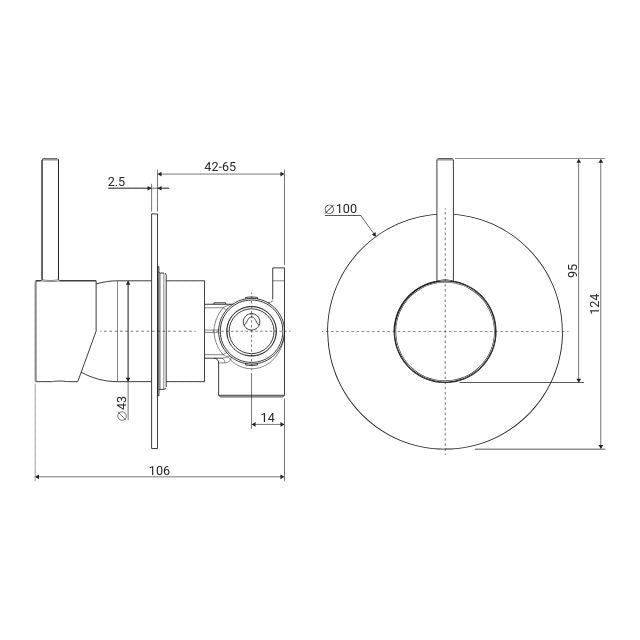 Technical Drawing Fienza Kaya Up Wall Mixer Large Round Plate Urban Brass 228114UB-3 - The Blue Space