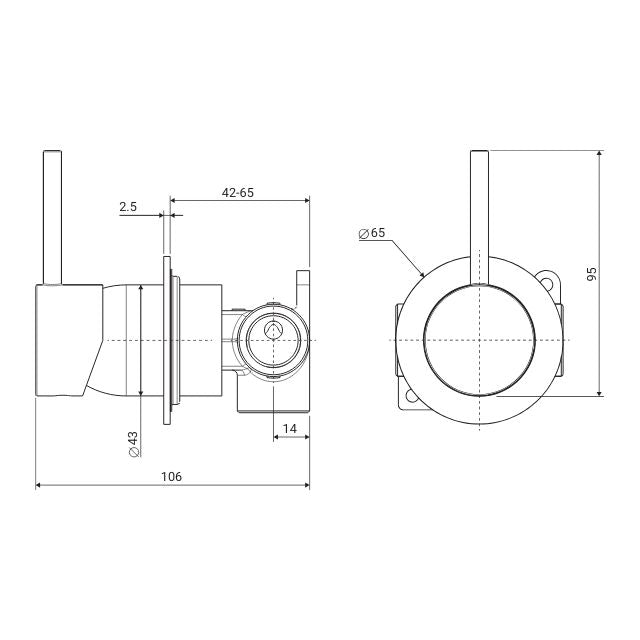 Technical Drawing Fienza Kaya Up Wall Mixer Small Round Plate Brushed Nickel 228114BN - The Blue Space