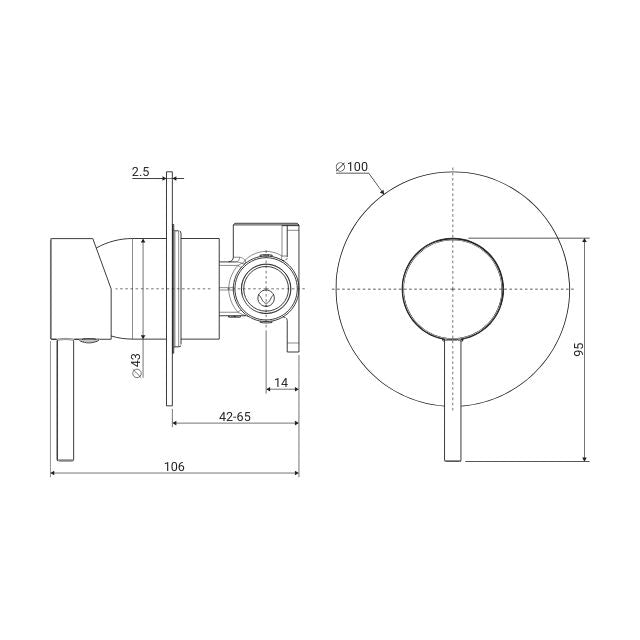 Technical Drawing Fienza Kaya Wall Mixer Large Round Plate Chrome  228101-3 - The Blue Space