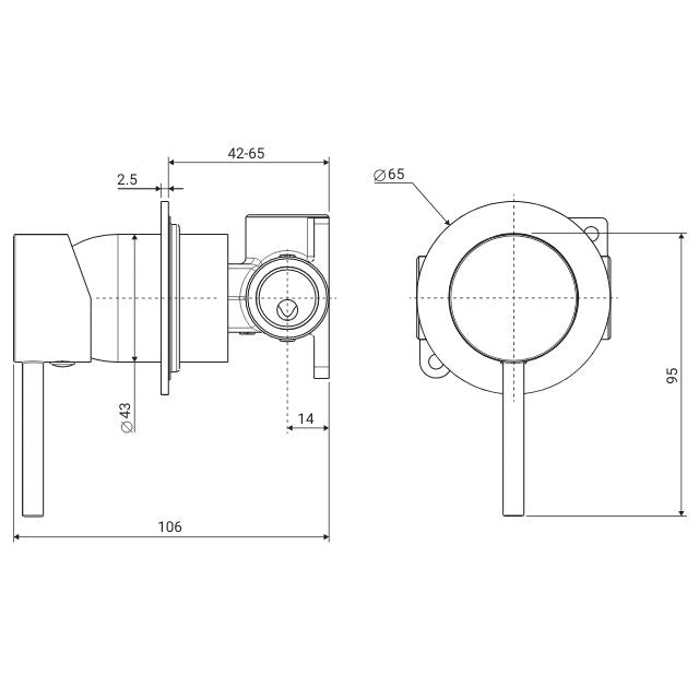 Technical Drawing Fienza Kaya Wall Mixer Small Round Brushed Nickel 228101BN - The Blue Space