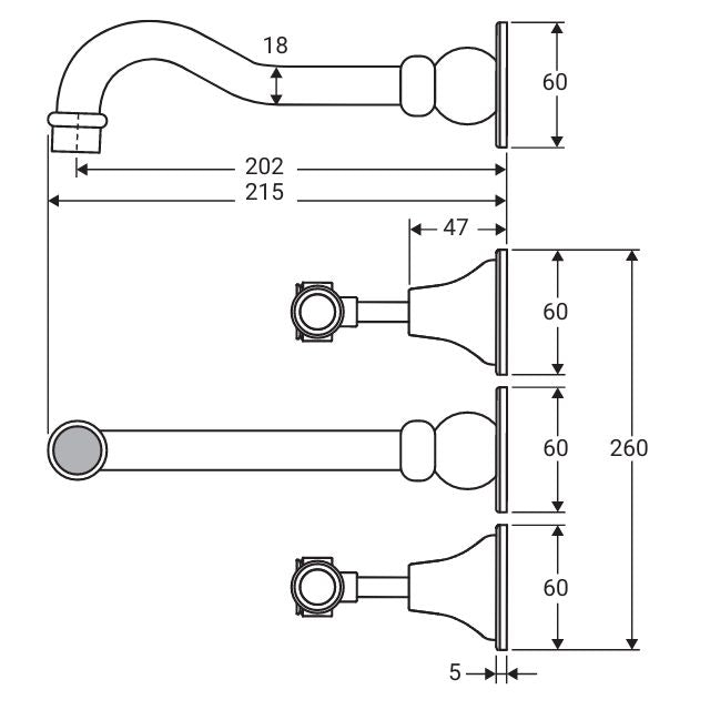 Technical Drawing Fienza Lillian Lever Basin/Bath Wall Set, Urban Brass 339102UU - The Blue Space