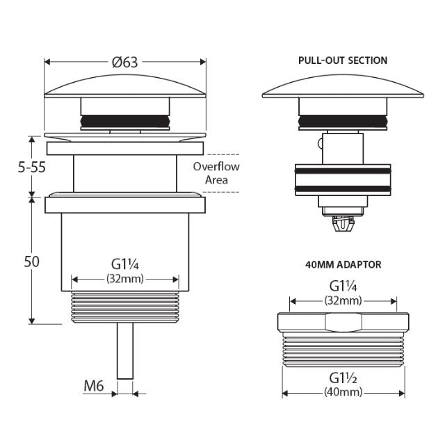 Technical Drawing Fienza Universal Pop-Up/Pull-Out Basin Waste Brushed Copper WAS72CO - The Blue Space