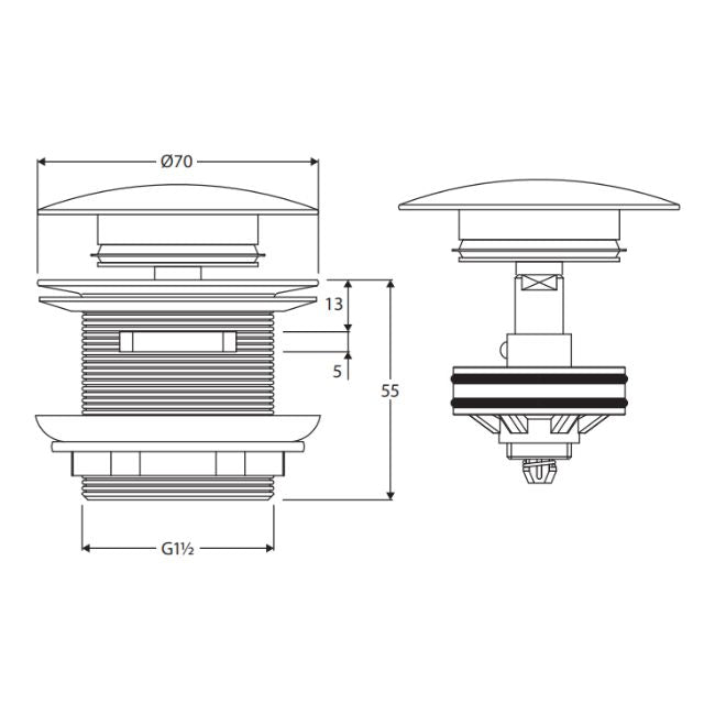 Technical Drawing Fienza Universal Pull-Out/Pop-Up Brass Cap Bath Waste with Overflow Gloss White WAS78GW - The Blue Space