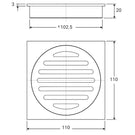 Technical Drawing Fienza Square Floor Waste, Round Grate, 100mm Outlet - Chrome D308 - The Blue Space