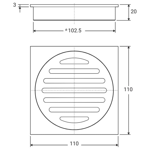 Technical Drawing Fienza Square Floor Waste, Round Grate, 100mm Outlet - Chrome D308 - The Blue Space