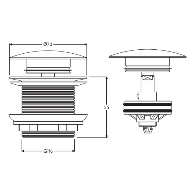 Technical Drawing Fienza Universal Pull-Out/Pop-Up Brass Cap Bath Waste Non Overflow Gloss White WAS79GW - The Blue Space