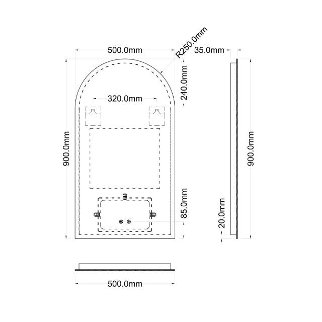 Ingrain Arch Shaped Frameless Frontlit and Backlit LED Mirror 500mm by 900mm