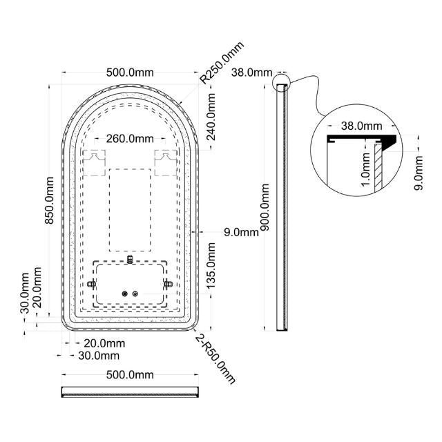 Technical Drawing Ingrain Arch Shaped Matte Black Framed Frontlit LED Mirror 500mm by 900mm INIAM5090-MB - The Blue Space