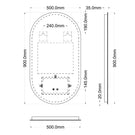 Technical Drawing Ingrain Pill Shaped Frameless Backlit LED Mirror 500mm by 900mm INLOM5090 - The Blue Space