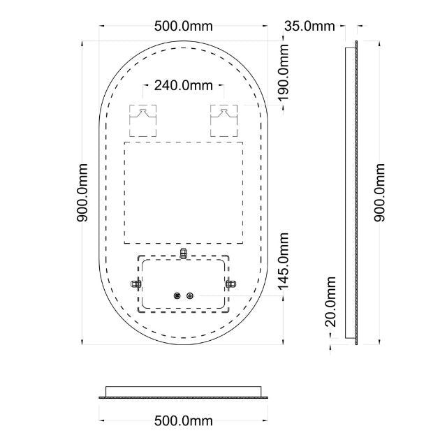 Technical Drawing Ingrain Pill Shaped Frameless Backlit LED Mirror 500mm by 900mm INLOM5090 - The Blue Space