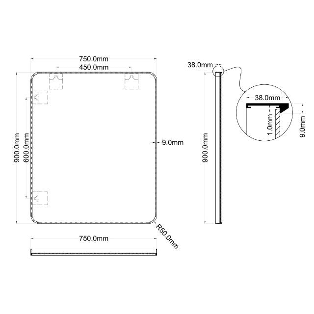 Technical Drawing Ingrain Rectangle Brushed Nickel Framed Mirror 750mm by 900mm INGLM7590-BN - The Blue Space