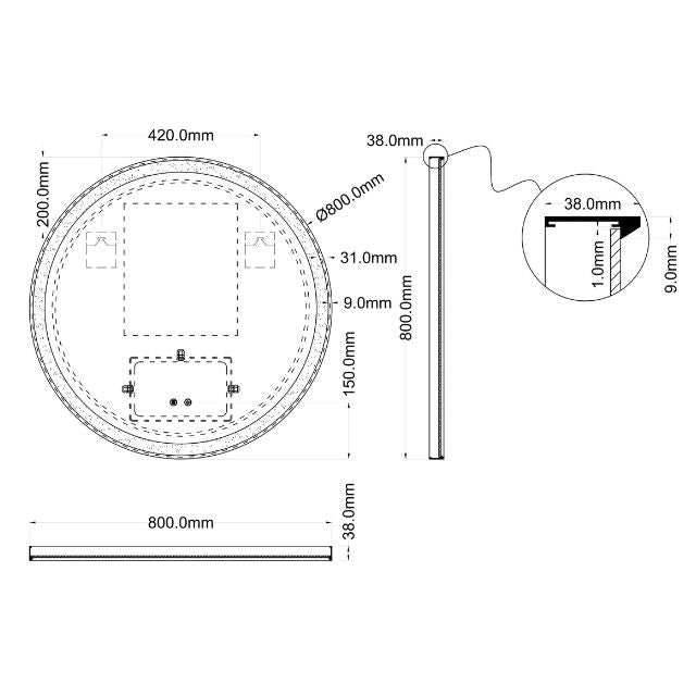 Technical Drawing Ingrain Round Brushed Gold Framed Frontlit LED Mirror - 800mm INLRM80-BG - The Blue Space