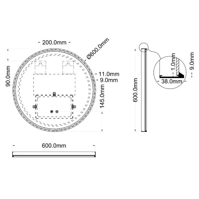 Technical Drawing Ingrain Round Brushed Nickel Framed Frontlit LED Mirror - 600mm INLRM60-BN - The Blue Space