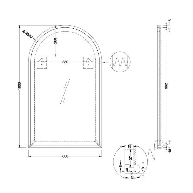 Technical Drawing Ingrain Timber Framed Arch Mirror 600mm x 1000mm INGTAM60100 - The Blue Space