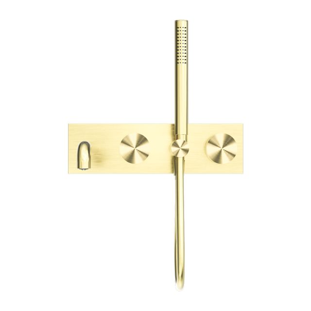 Front Nero Kara Progressive Shower System With Spout 230mm Brushed Gold NR271903A230BG - The Blue Space