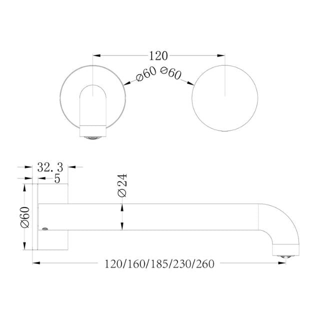 Technical Drawing Nero Kara Progressive Wall Basin/Bath Set 120mm Brushed Bronze NR271907A120BZ - The Blue Space