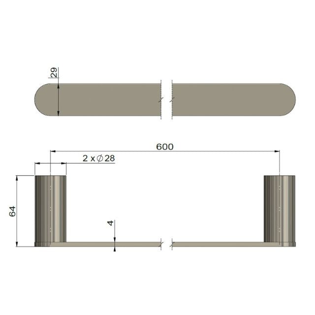 Technical Drawing Meir Curvaé Single Towel Rail 600mm Brushed Nickel MRTR-3S60N-PVDBN - The Blue Space