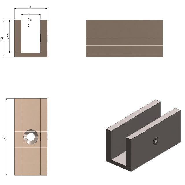 Technical Drawing Meir Glass Fixing U Bracket Champagne MGA03N-CH - The Blue Space