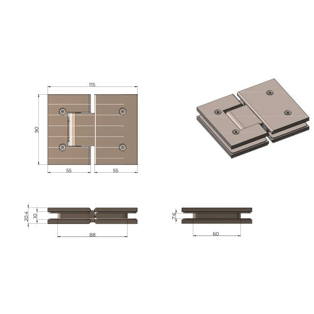 Technical Drawing Meir Glass To Glass Shower Door Hinge Brushed Nickel MGA01N-PVDBN - The Blue Space