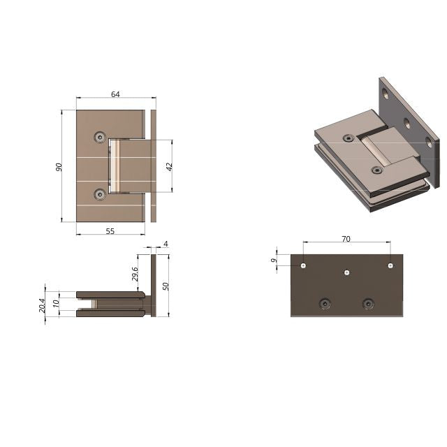 Technical Drawing Meir Glass to Wall Shower Door Hinge Tiger Bronze MGA02N-PVDBB - The Blue Space