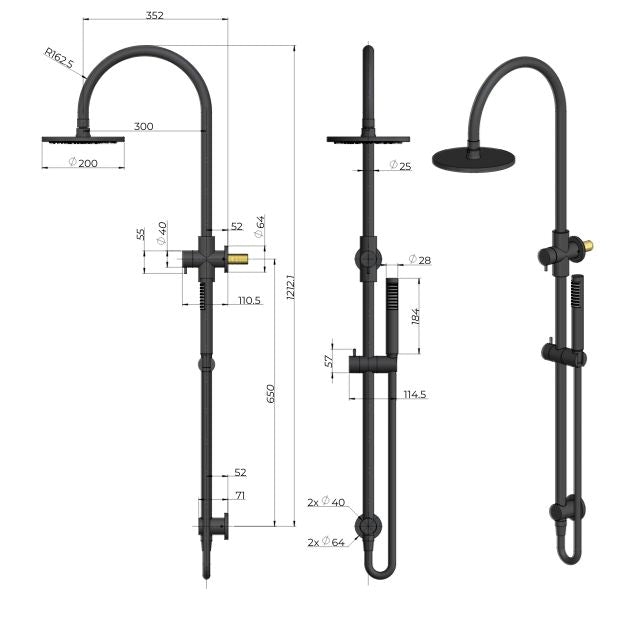 Technical Drawing Meir Gooseneck Shower Set with 200mm rose, Single-Function Hand Shower Shadow MZ0904-R-PVDGM - The Blue Space