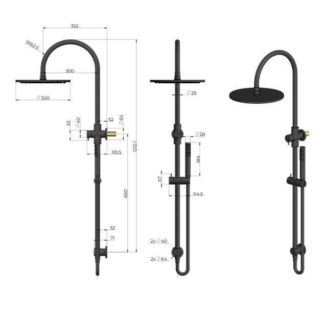 Technical Drawing Meir Gooseneck Shower Set with 300mm Rose, Single Function Hand Shower Brushed Nickel MZ0906-R-PVDBN - The Blue Space