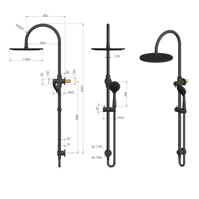 Technical Drawing Meir Gooseneck Shower Set with 300mm rose, Three-Function Hand Shower Brushed Nickel MZ0906-PVDBN - The Blue Space