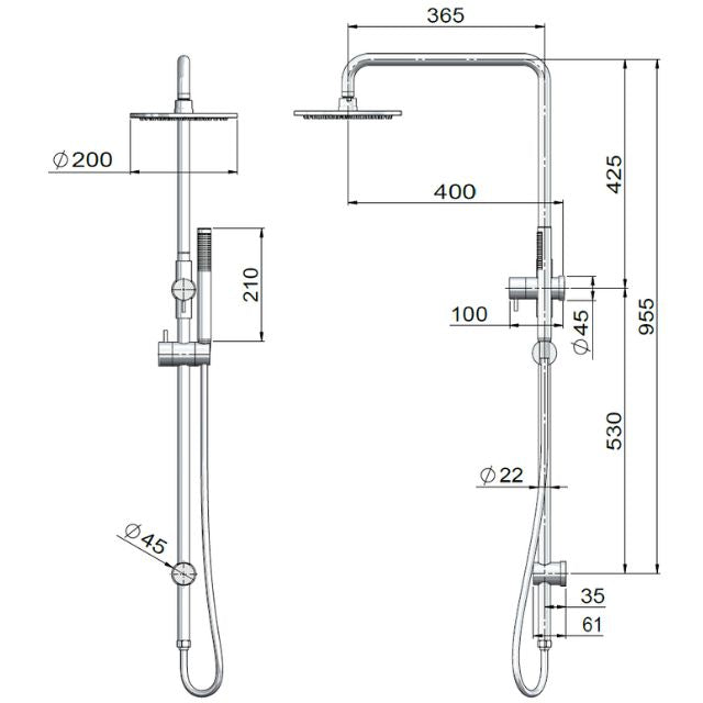 Technical Drawing Meir Outdoor Combination Shower Rail 200mm 316 Stainless Steel MZ1004N-R-SS316 - The Blue Space