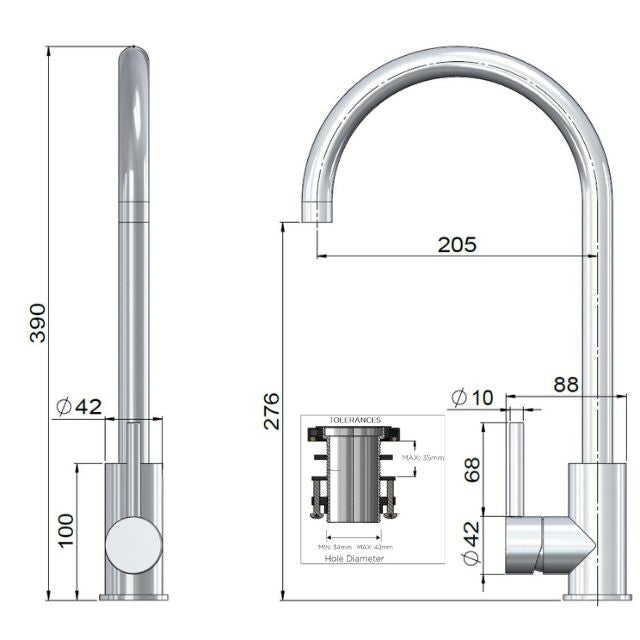 Technical Drawing Meir Outdoor Round Stainless Steel Kitchen Mixer MK10N-SS316 - The Blue Space