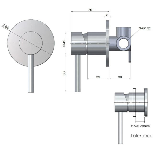 Technical Drawing Meir Outdoor Round Stainless Steel Wall Shower Mixer MW16N-SS316 - The Blue Space