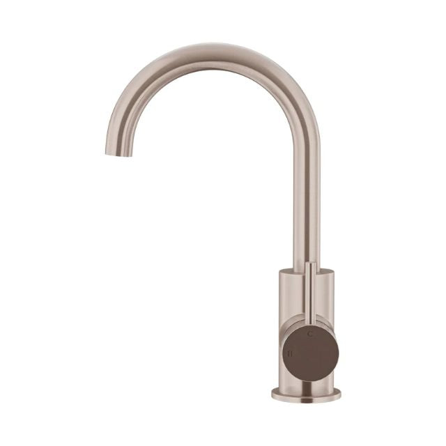 Side Meir Round Gooseneck Basin Mixer with Cold Start Champagne MB17-CH - The Blue Space