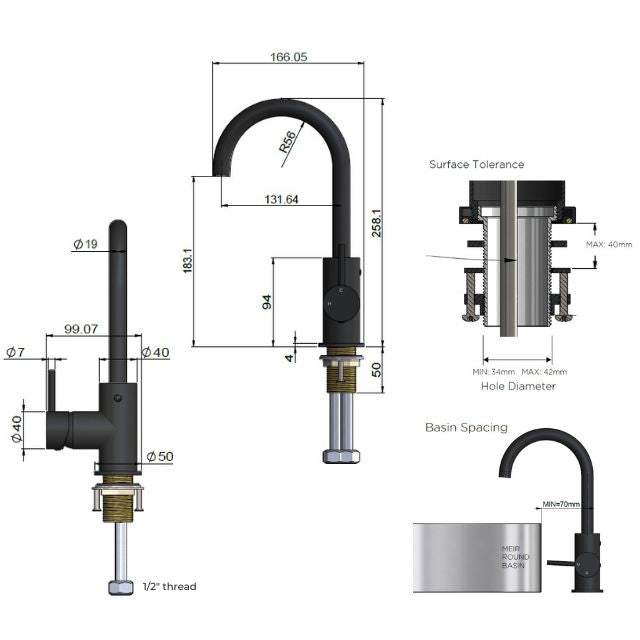 Technical Drawing Meir Round Gooseneck Basin Mixer with Cold Start Chrome MB17-C - The Blue Space