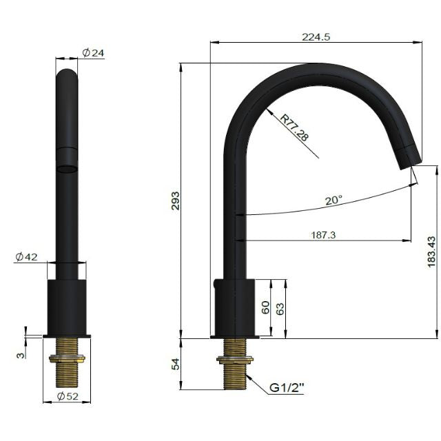 Technical Drawing Meir Round Hob Mounted Swivel Spout Lustre Bronze MS11-PVDBZ - The Blue Space