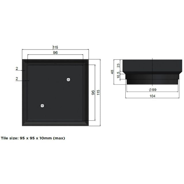 Technical Drawing Meir Shower Waste with Tile Insert Lustre Bronze MP06N-T100-PVDBZ - The Blue Space