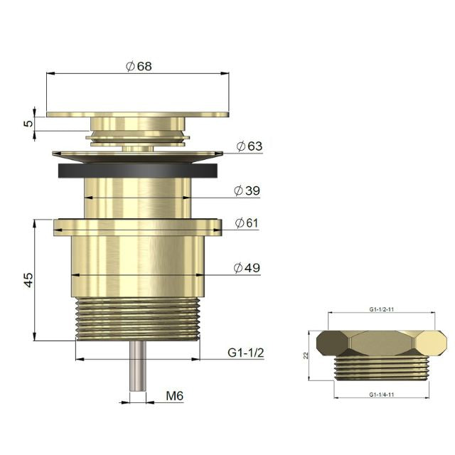 Technical Drawing Meir Universal All-In-One Pop Up Waste - Basin & Bath Brushed Nickel MP04F-UNI-PVDBN - The Blue Space