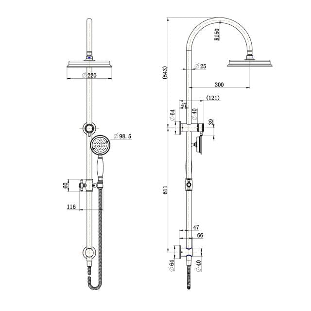 Technical Drawing Modern National Montpellier Traditional Brushed Bronze Multifunction Shower Rail 2 in 1 MON013BM - The Blue Space