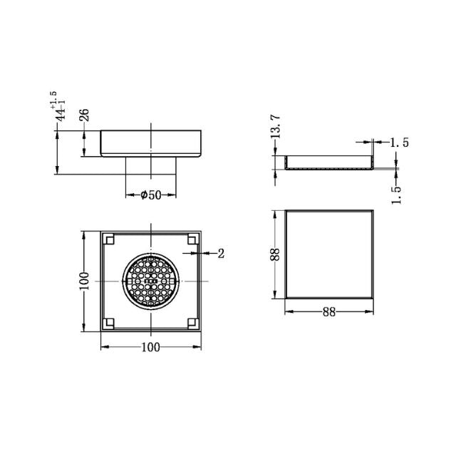 Technical Drawing Nero 100mm Square Tile Insert Floor Waste 50mm Outlet Gun Metal NRFW006GM - The Blue Space